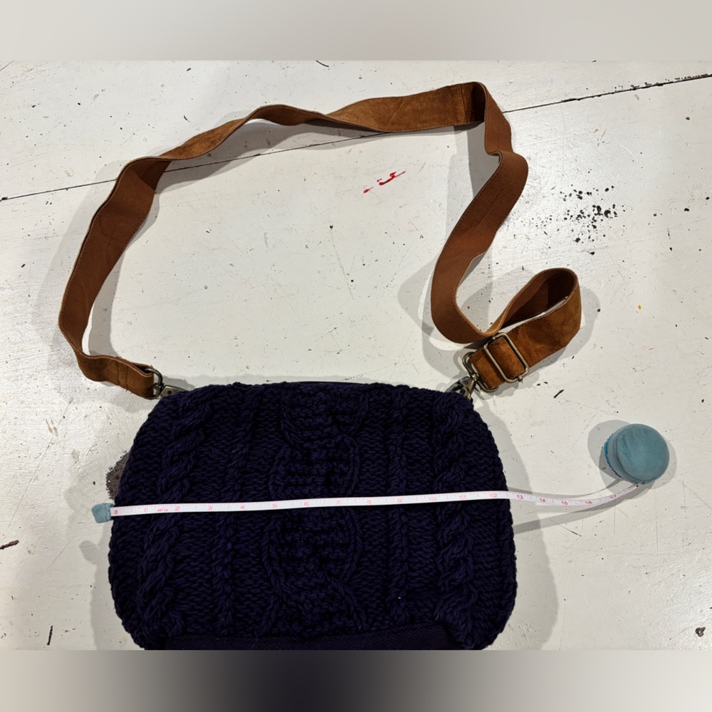 Navy Knit Crossbody Bag with Tan Strap brand new